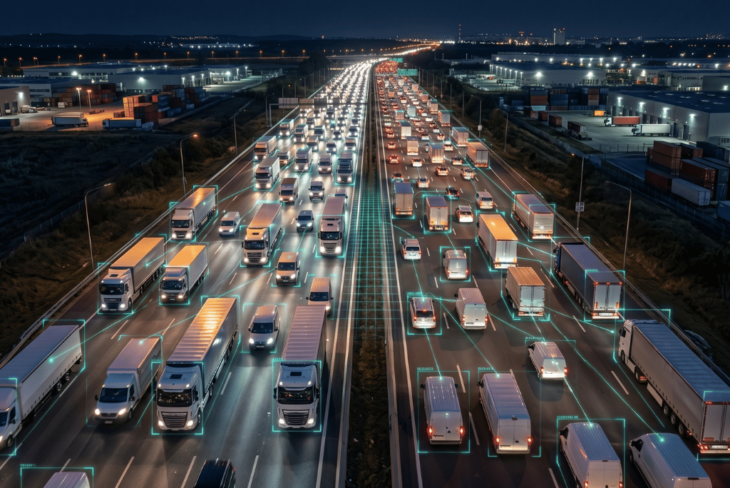 Chiński system monitorowania kierowców – widok z lotu ptaka na nocną autostradę i ciężarówki śledzone przez zaawansowaną sieć sztucznej inteligencji.